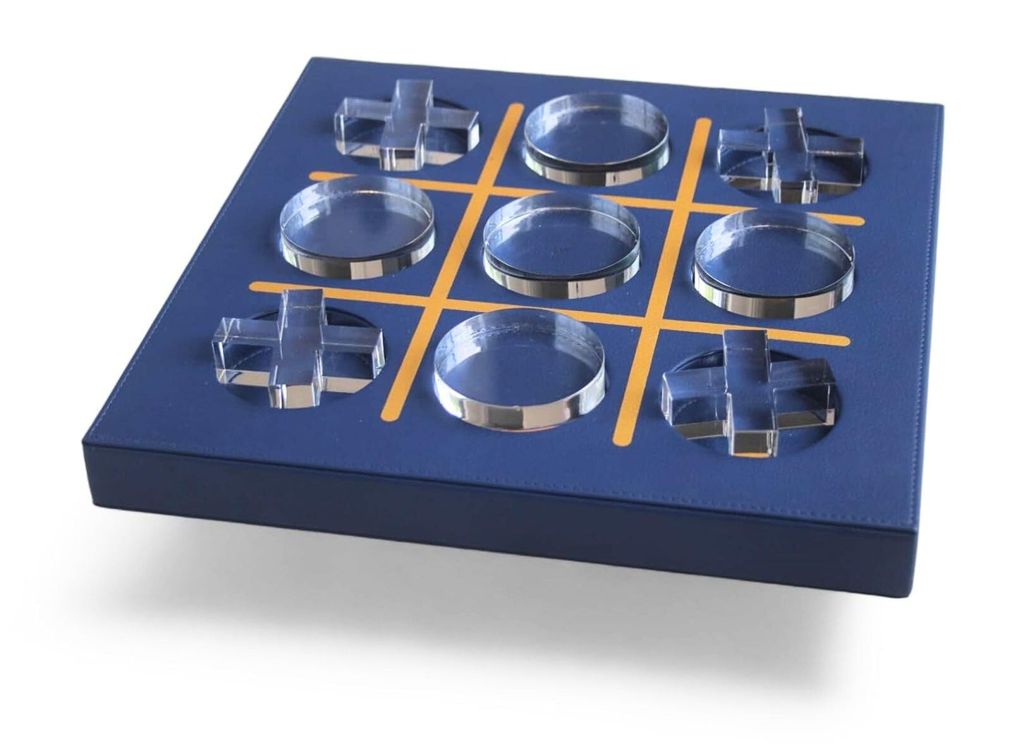 LuxLand Home Modern Tic Tac Toe — Blue Leather & Acrylic Pieces | Decorative Tabletop Game