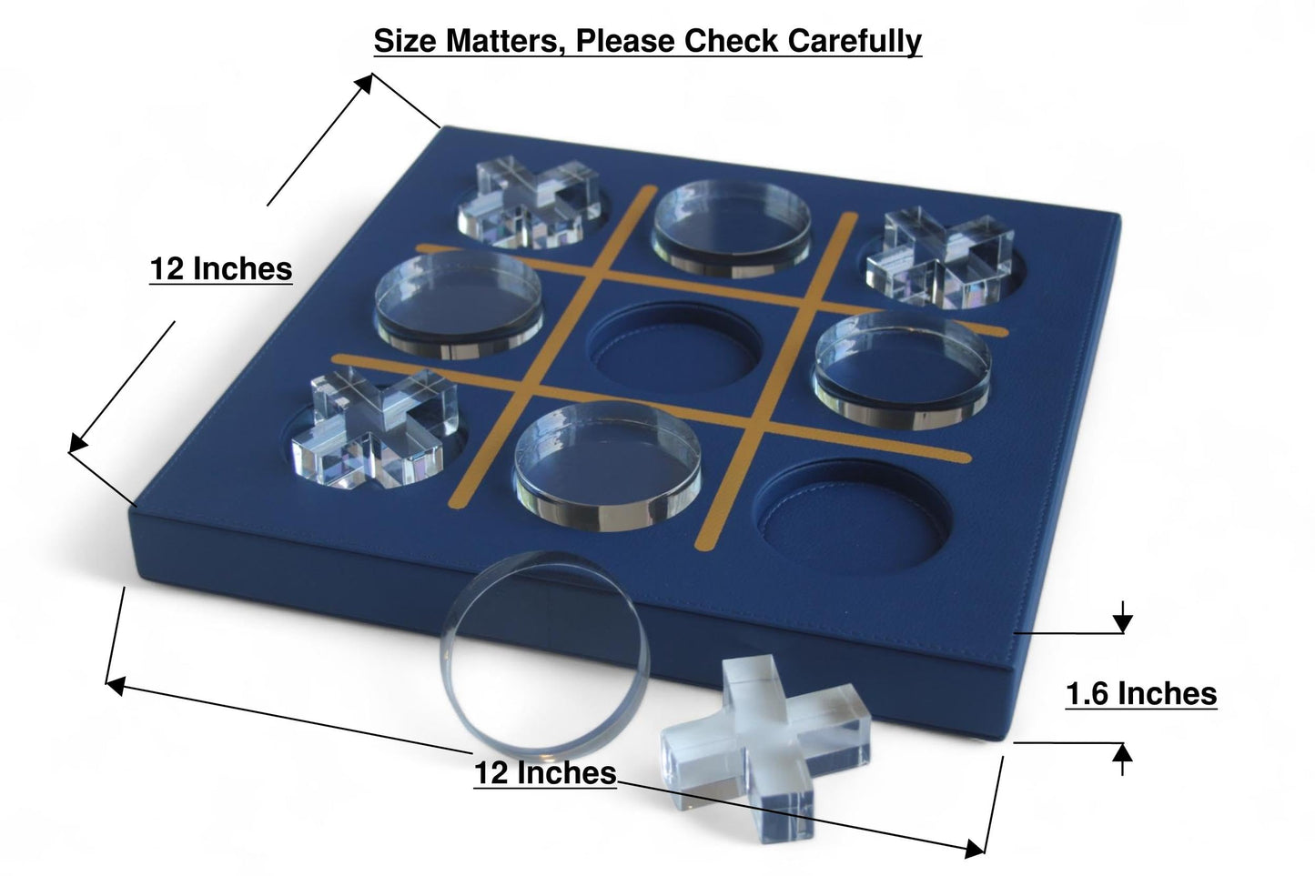 LuxLand Home Modern Tic Tac Toe — Blue Leather & Acrylic Pieces | Decorative Tabletop Game