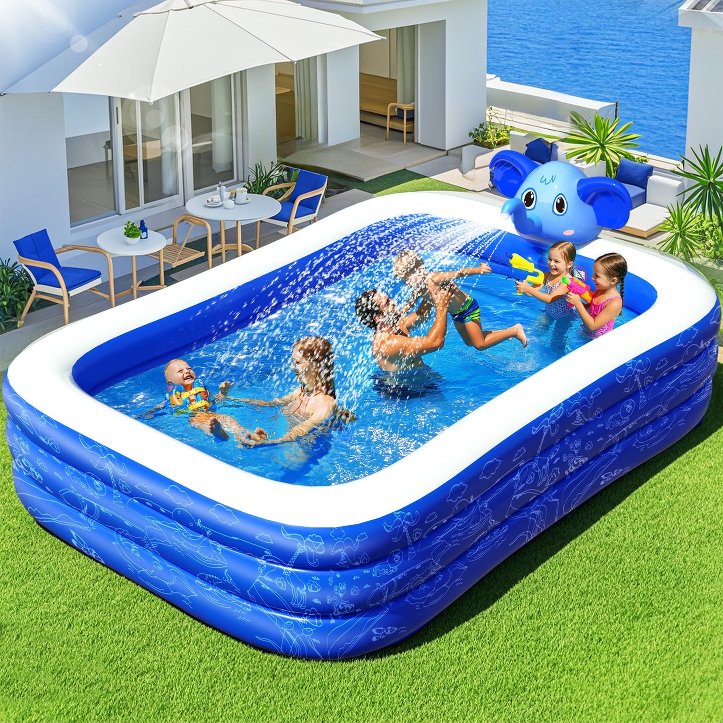 LuxPool Elephant Sprinkler Inflatable Pool – Large Backyard Family Pool (99 x 72 x 22), 4-Layer PVC