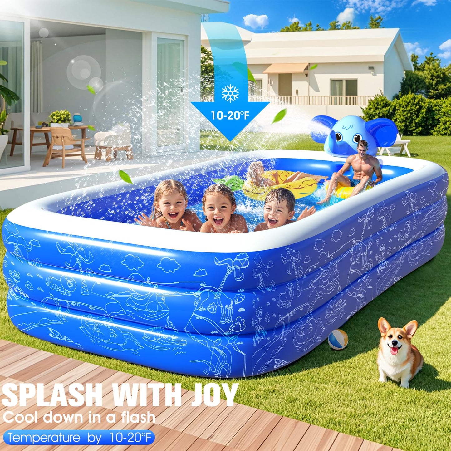 LuxPool Elephant Sprinkler Inflatable Pool – Large Backyard Family Pool (99 x 72 x 22), 4-Layer PVC