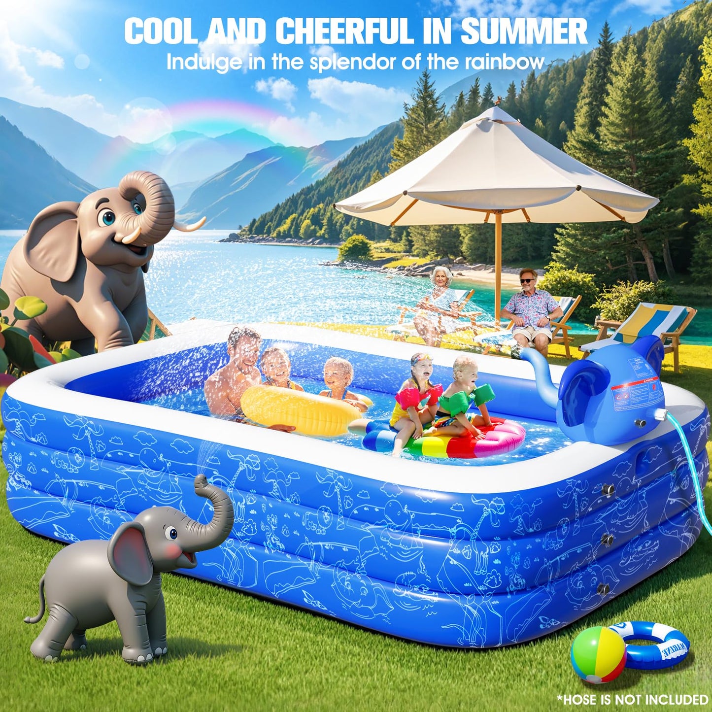 LuxPool Elephant Sprinkler Inflatable Pool – Large Backyard Family Pool (99 x 72 x 22), 4-Layer PVC
