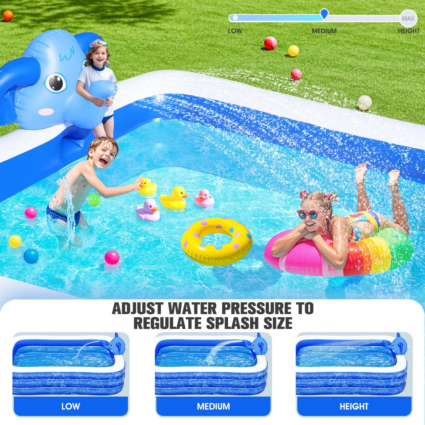 LuxPool Elephant Sprinkler Inflatable Pool – Large Backyard Family Pool (99 x 72 x 22), 4-Layer PVC
