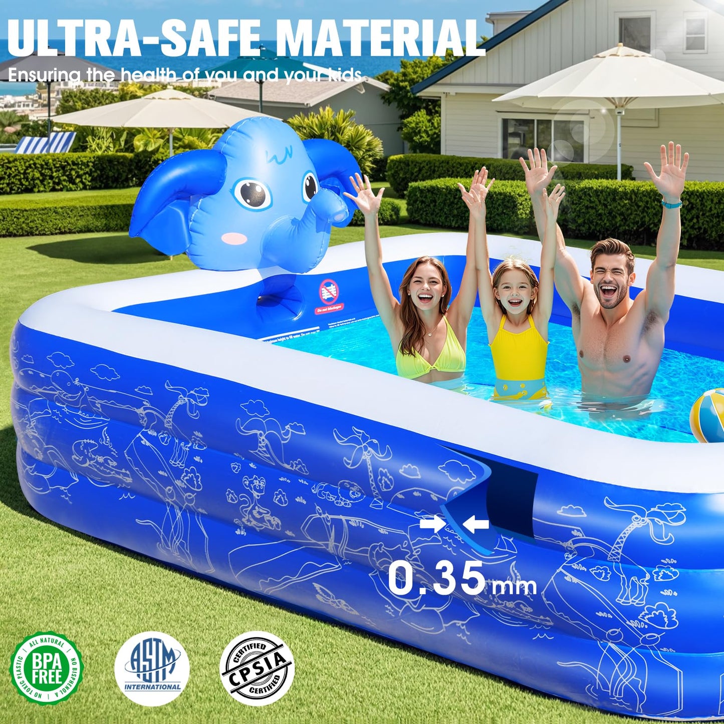 LuxPool Elephant Sprinkler Inflatable Pool – Large Backyard Family Pool (99 x 72 x 22), 4-Layer PVC
