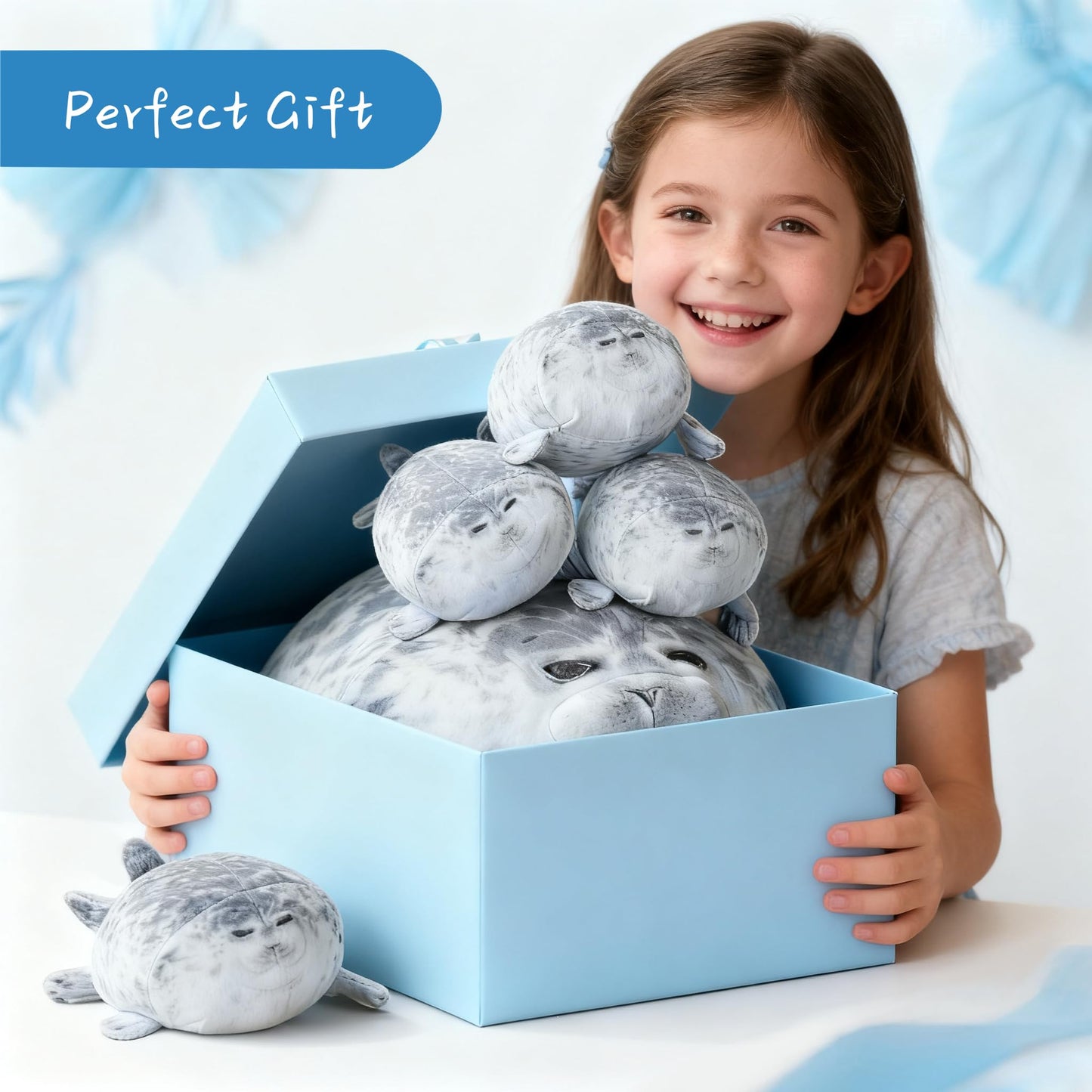 LUXSIT 20-Inch Chubby Blob Seal Pillow with 4 Babies – Large Plush Seal Toy