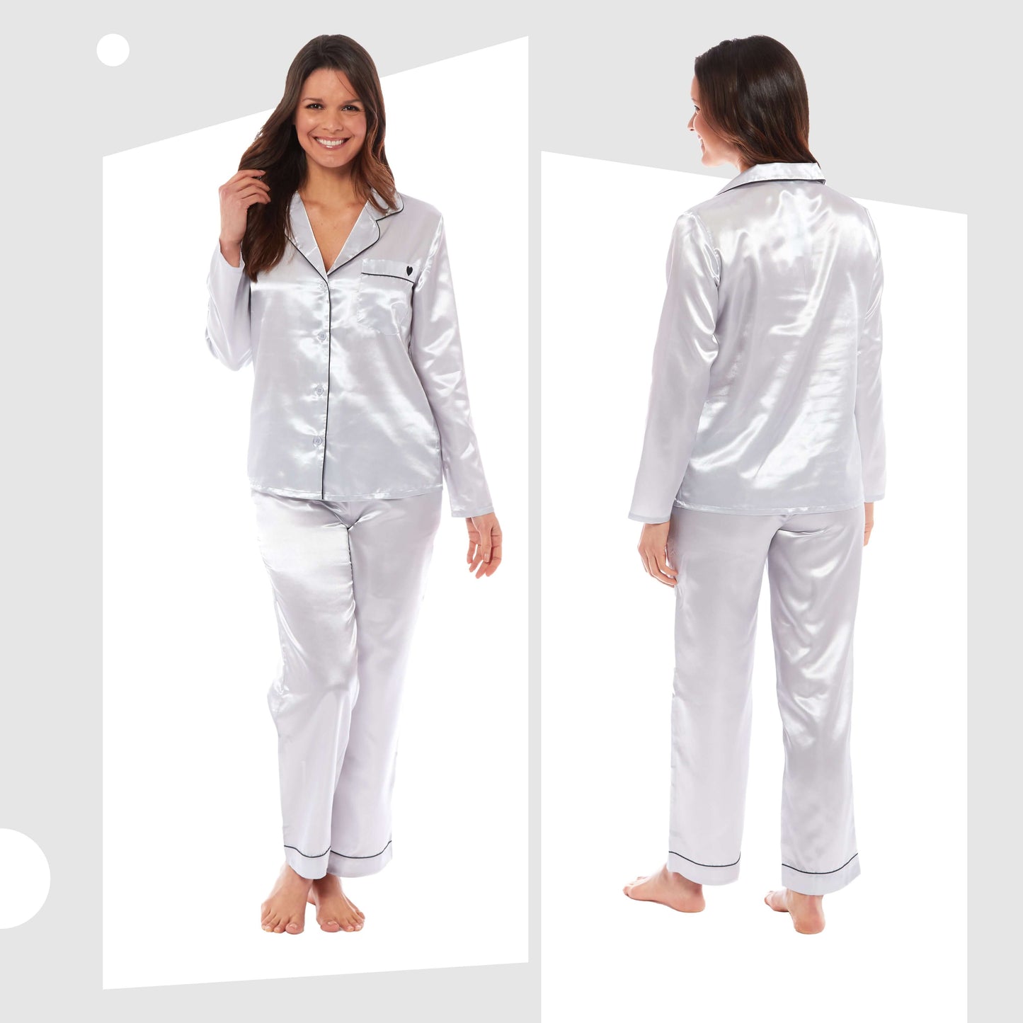 Luxurious Women's Satin Silk Long Sleeve Pyjama Set Cozy Loungewear Nightwear with Dress Shirt Collar and Loose-Fitting Pants in Black Pink Grey by Daisy Dreamer