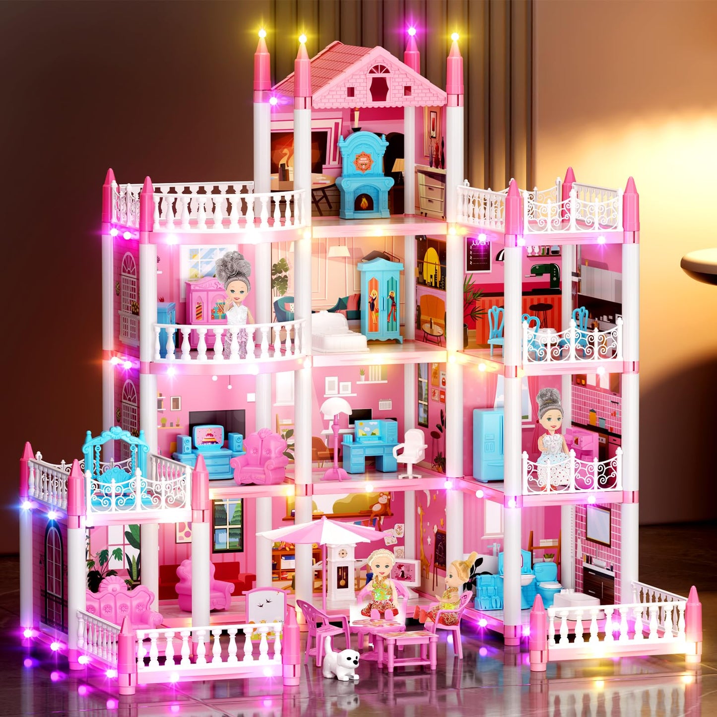 LUYE 4 Stories Doll House for Girls – 11 Rooms, Lights, DIY 4-Story Playset (Ages 6+)