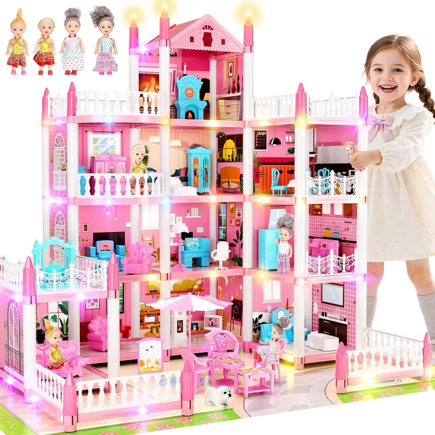 LUYE 4 Stories Doll House for Girls – 11 Rooms, Lights, DIY 4-Story Playset (Ages 6+)