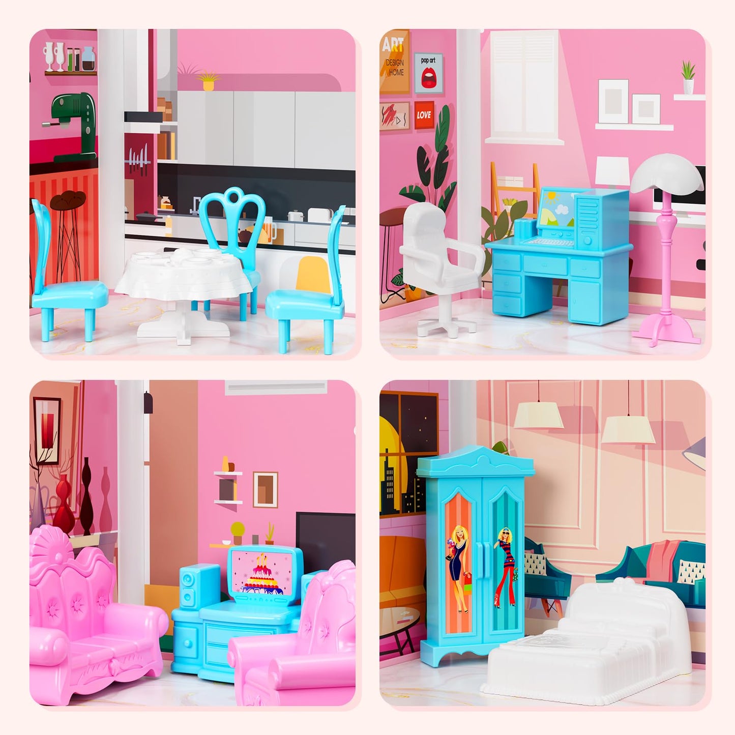 LUYE 4 Stories Doll House for Girls – 11 Rooms, Lights, DIY 4-Story Playset (Ages 6+)