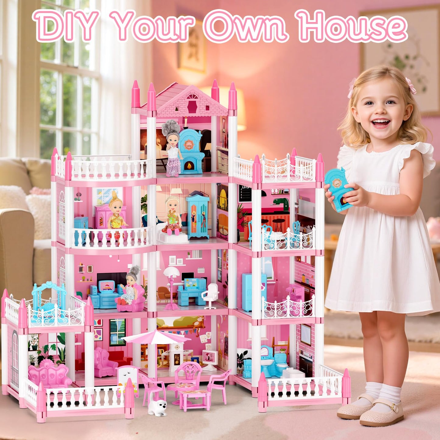 LUYE 4 Stories Doll House for Girls – 11 Rooms, Lights, DIY 4-Story Playset (Ages 6+)