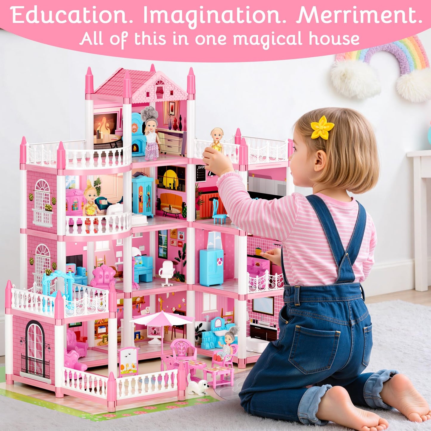 LUYE 4 Stories Doll House for Girls – 11 Rooms, Lights, DIY 4-Story Playset (Ages 6+)