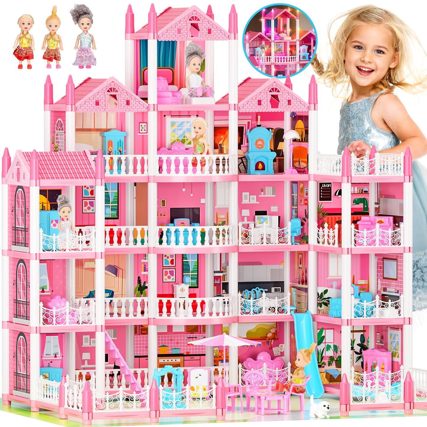 LUYE 5-Story Dream Doll House with 19 Rooms, Lights & Dolls – STEM Gift for Girls 6–16
