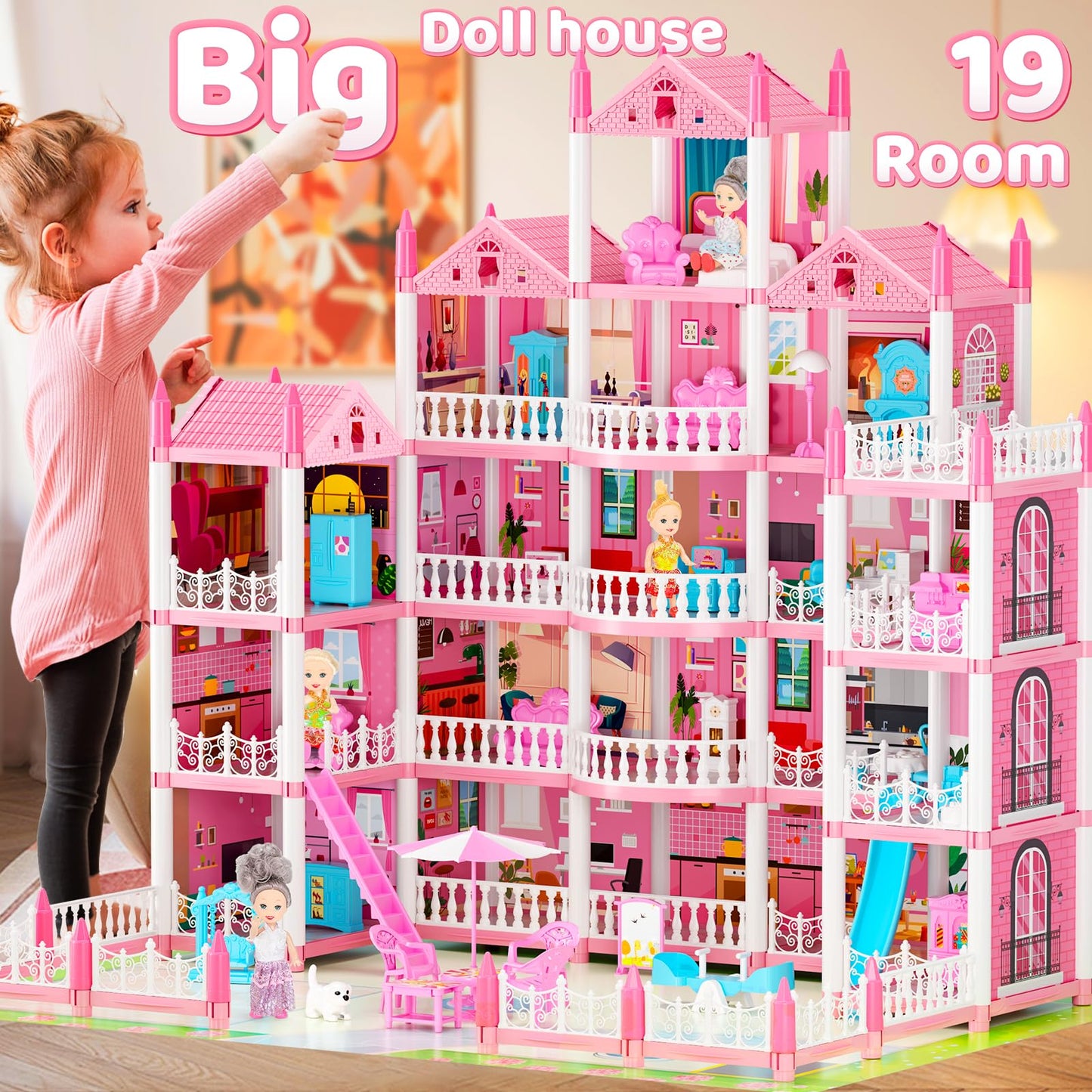 LUYE 5-Story Dream Doll House with 19 Rooms, Lights & Dolls – STEM Gift for Girls 6–16