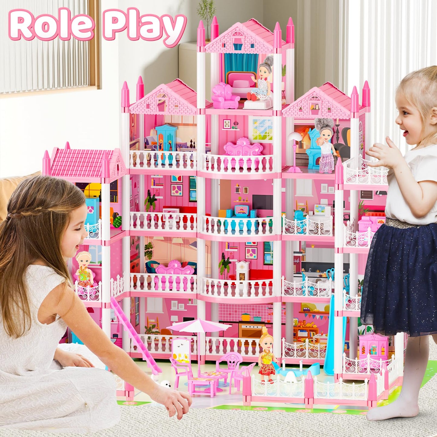 LUYE 5-Story Dream Doll House with 19 Rooms, Lights & Dolls – STEM Gift for Girls 6–16