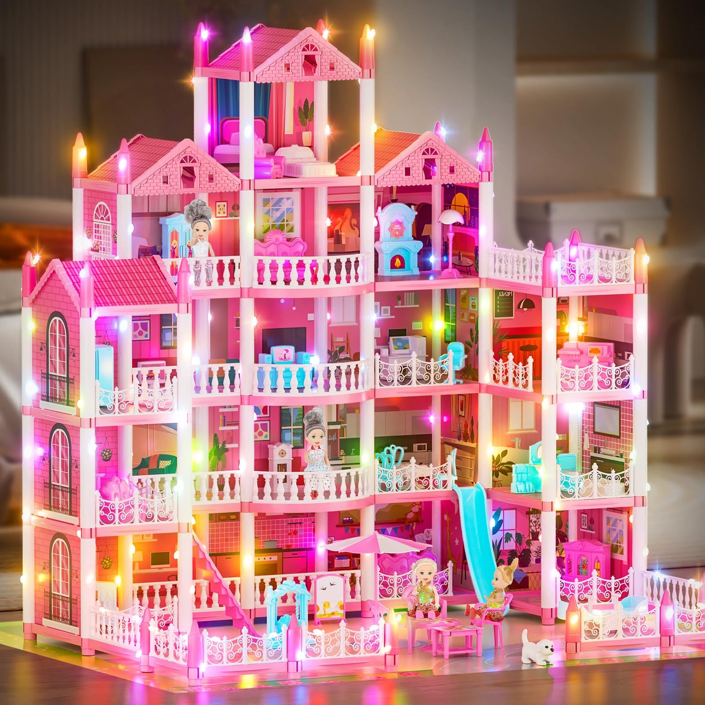 LUYE 5-Story Dream Doll House with 19 Rooms, Lights & Dolls – STEM Gift for Girls 6–16