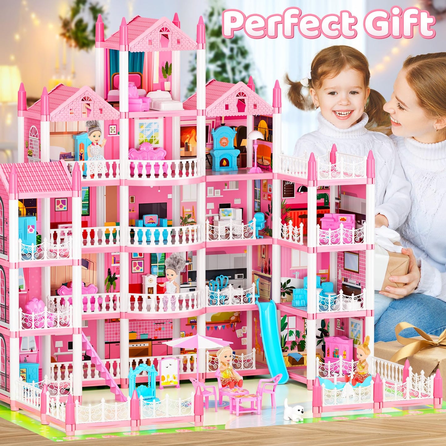 LUYE 5-Story Dream Doll House with 19 Rooms, Lights & Dolls – STEM Gift for Girls 6–16