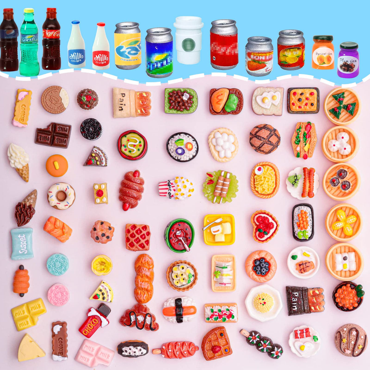 LUYI 80-Piece Mini Food & Drink Set for Dollhouse Kitchen – Resin Play Food Toys