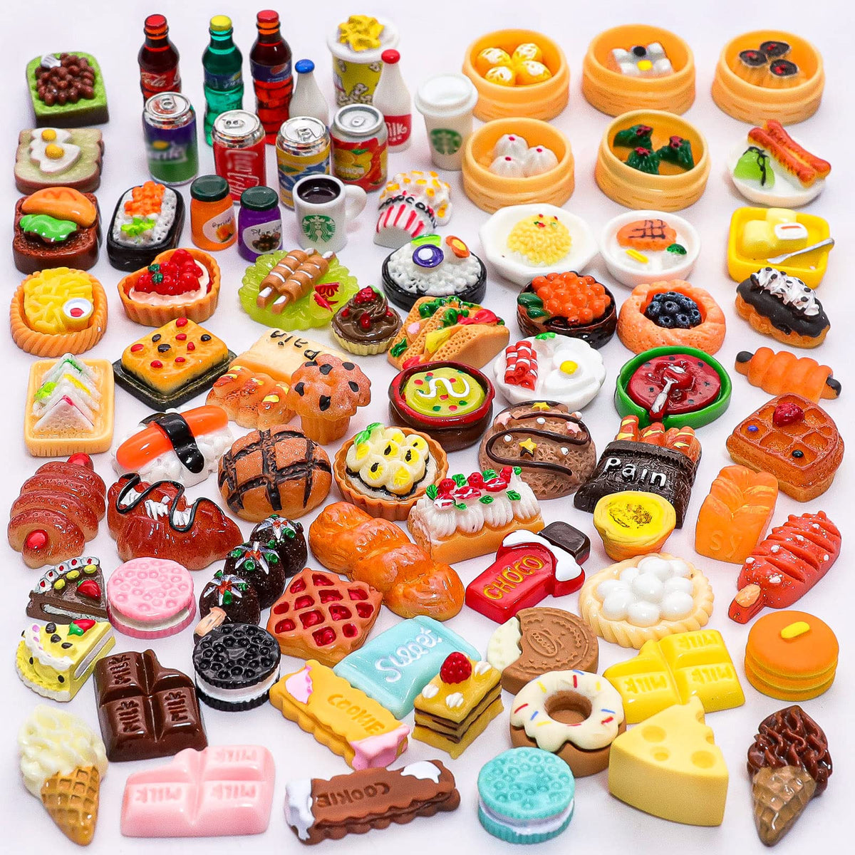 LUYI 80-Piece Mini Food & Drink Set for Dollhouse Kitchen – Resin Play Food Toys