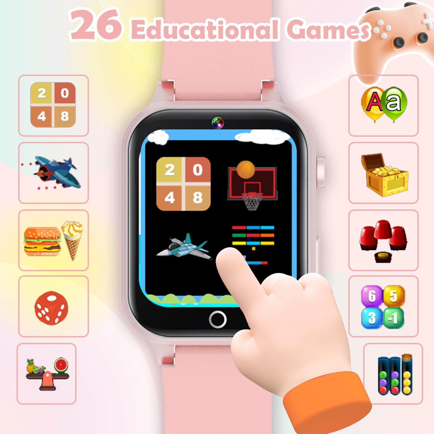 Luyiilo Kids Games Watch Soft Pink – 26 Puzzle Games, Touch Screen, 300K Camera, Gift for Ages 4–12