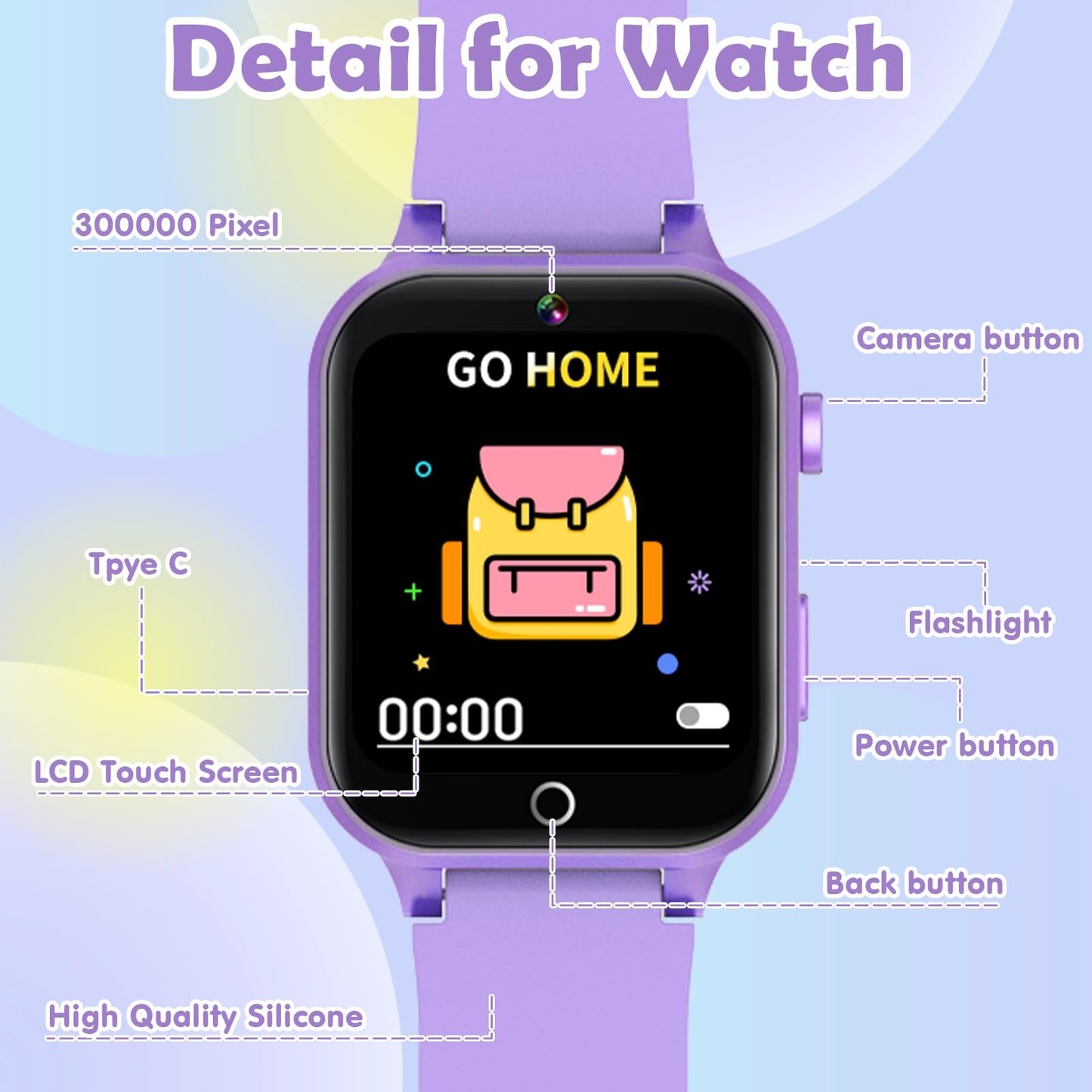 Luyiilo Kids Games Watch Purple – 26 Puzzle Games, Touch Screen, 300k Camera, 7–14 Day Battery