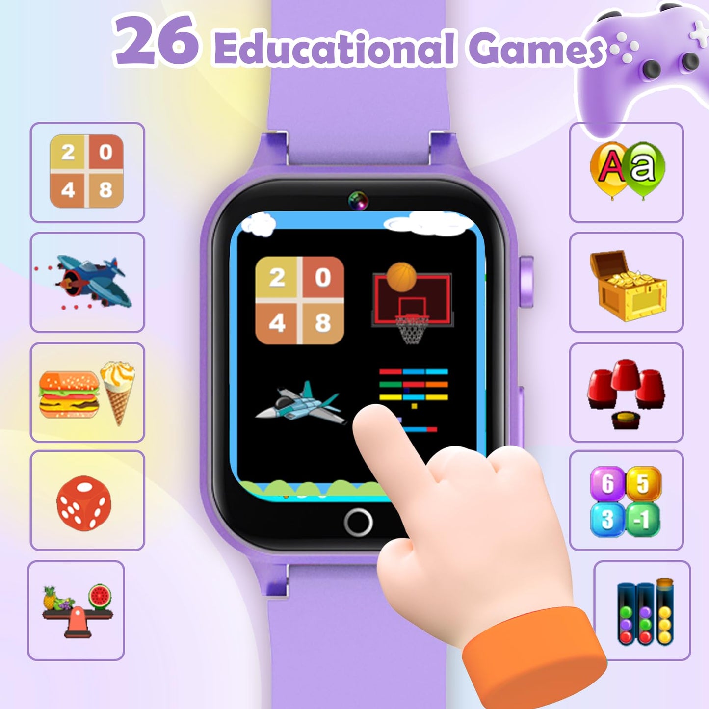 Luyiilo Kids Games Watch Purple – 26 Puzzle Games, Touch Screen, 300k Camera, 7–14 Day Battery