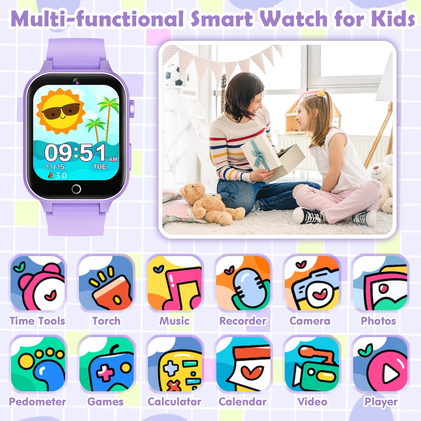 Luyiilo Kids Games Watch Purple – 26 Puzzle Games, Touch Screen, 300k Camera, 7–14 Day Battery