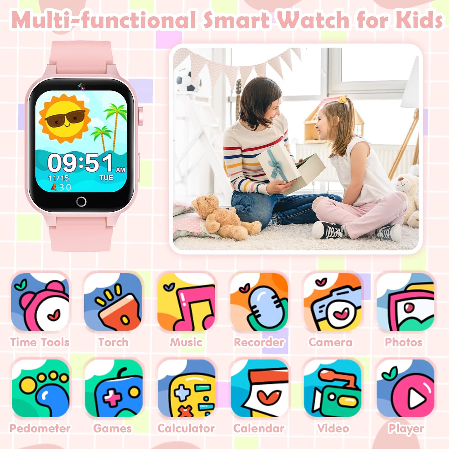 Luyiilo Kids Games Watch Soft Pink – 26 Puzzle Games, Touch Screen, 300K Camera, Gift for Ages 4–12