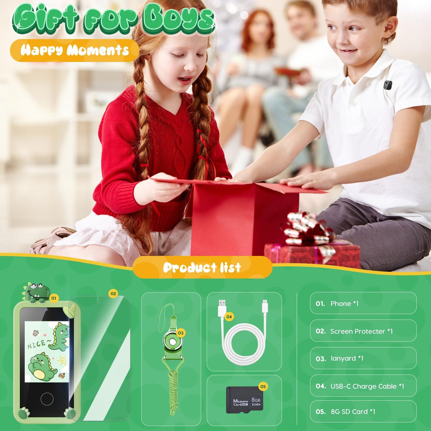 Luyiilo Kids Smart Phone Toy for Boys – 2.8" Touchscreen, 16 Learning Games, Dual Camera, 8G SD Card