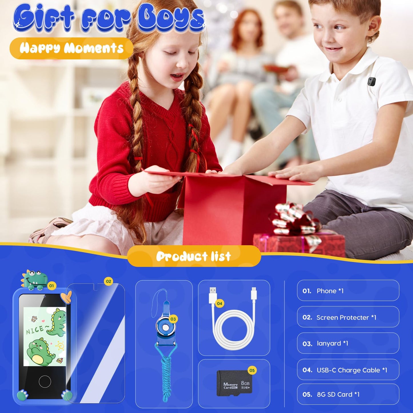 Luyiilo Kids Smart Phone Toy for Boys – 2.8-inch Touchscreen, 16 Learning Games, Dual Camera, 8G SD Card