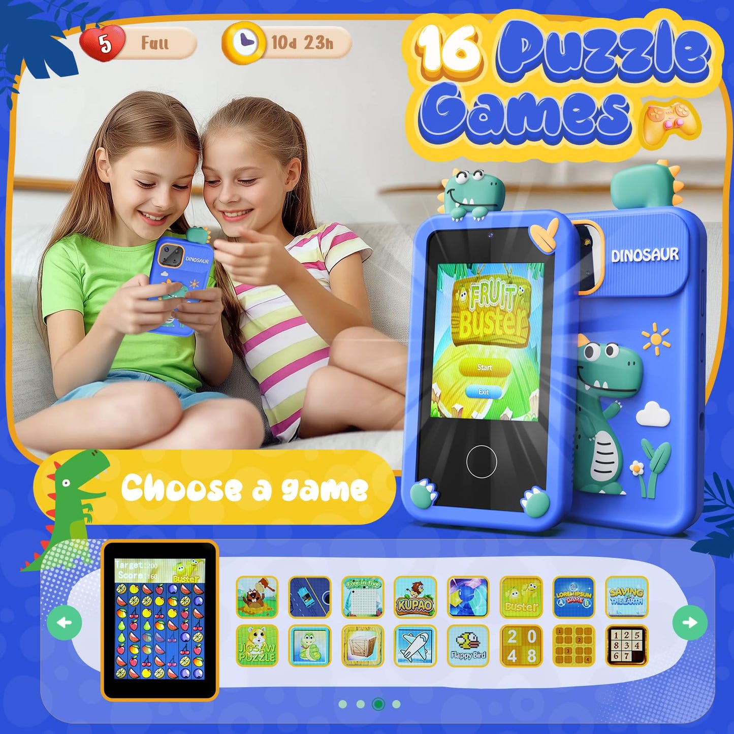 Luyiilo Kids Smart Phone Toy for Boys – 2.8-inch Touchscreen, 16 Learning Games, Dual Camera, 8G SD Card