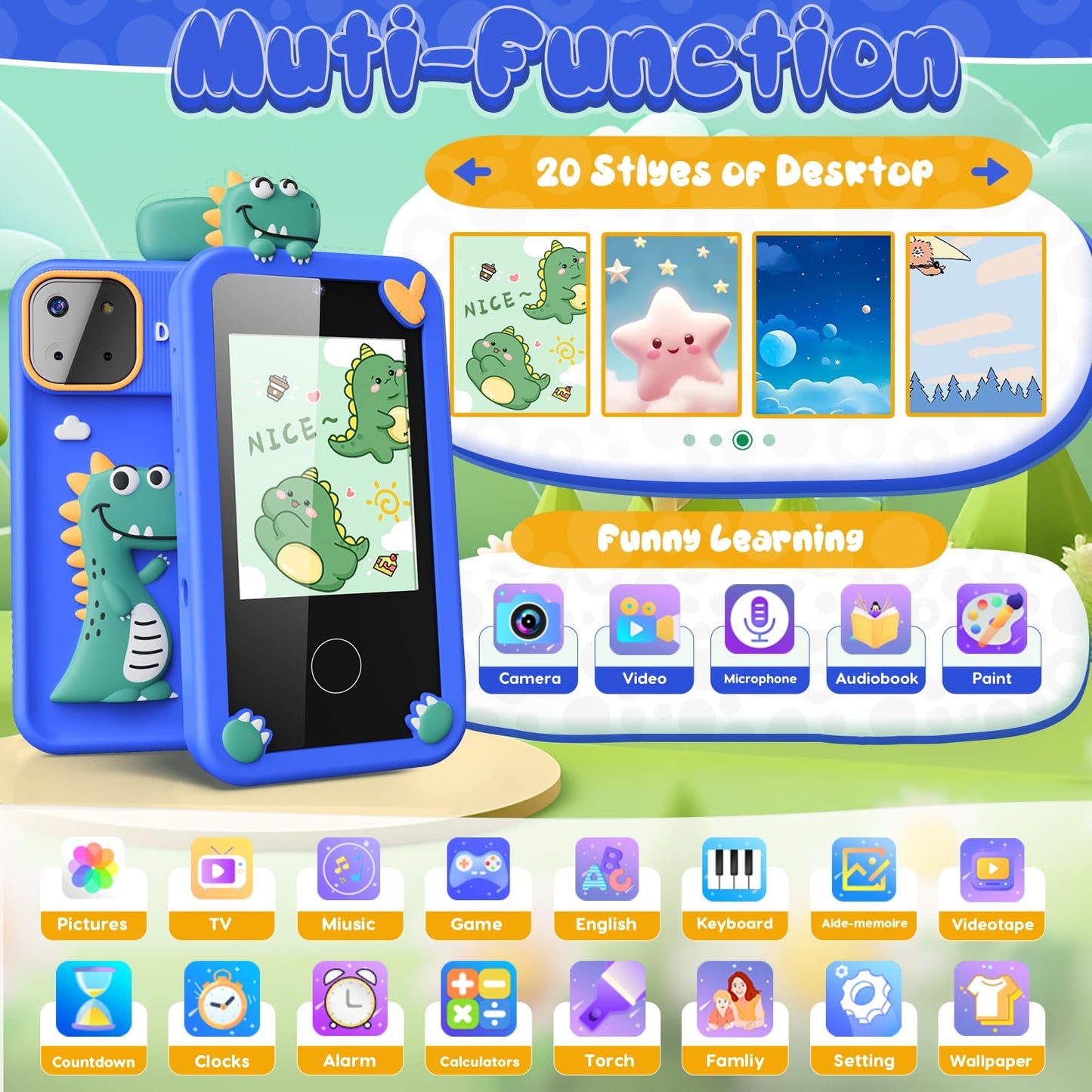 Luyiilo Kids Smart Phone Toy for Boys – 2.8-inch Touchscreen, 16 Learning Games, Dual Camera, 8G SD Card