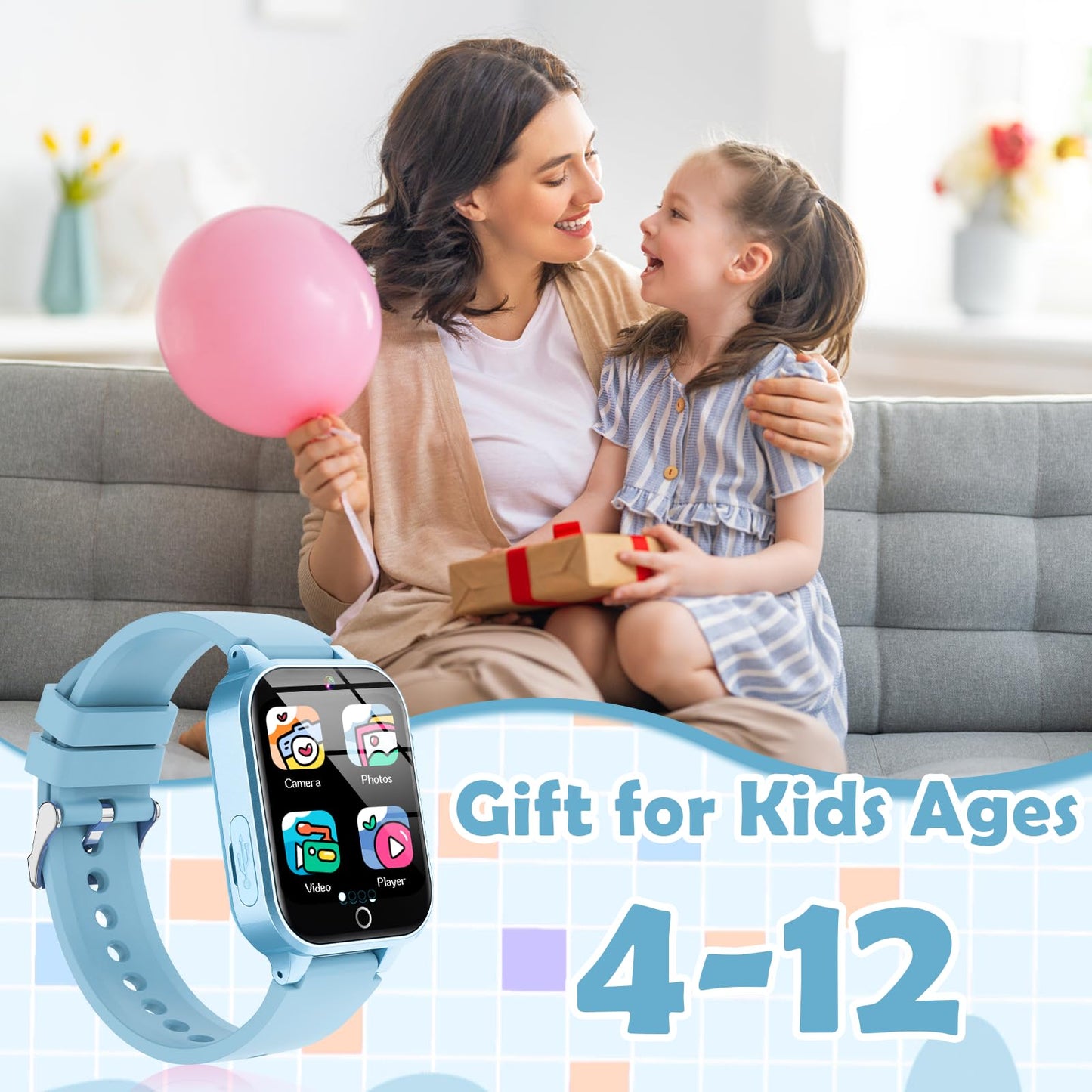 Luyiilo Kids Smart Watch – 26 Games, HD Camera, Touch Screen, 7–14 Day Battery, Soft Blue