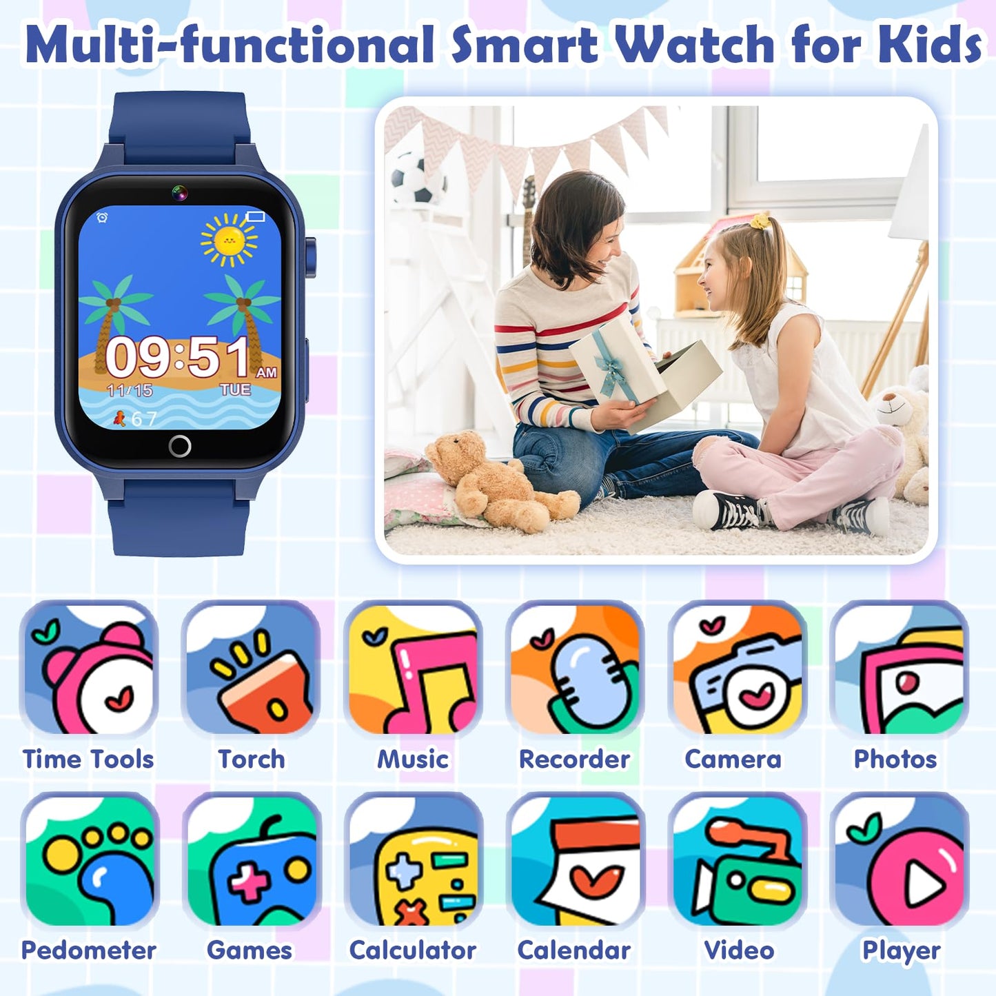 Luyiilo Kids Smart Watch with 26 Puzzle Games, HD Camera & Long Battery – Blue