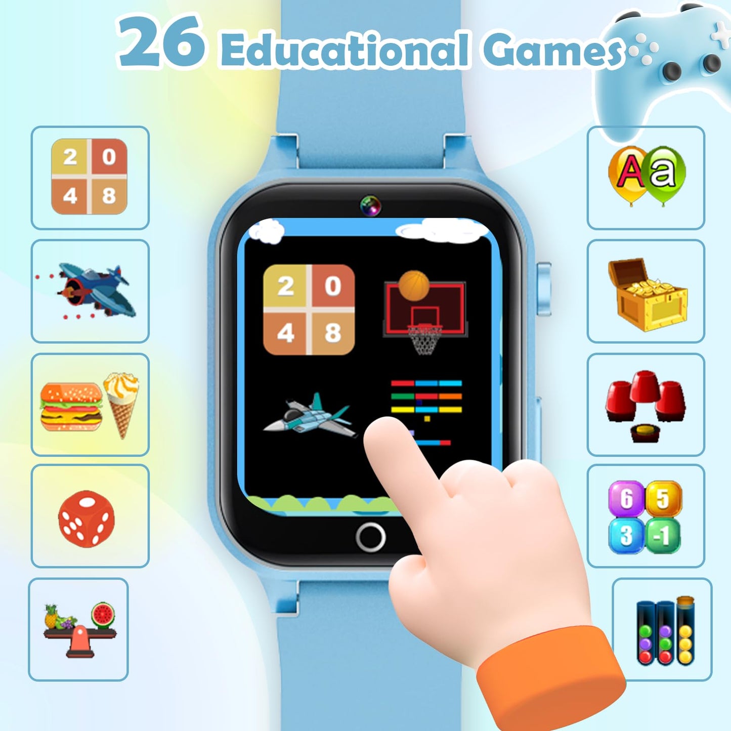 Luyiilo Kids Smart Watch – 26 Games, HD Camera, Touch Screen, 7–14 Day Battery, Soft Blue