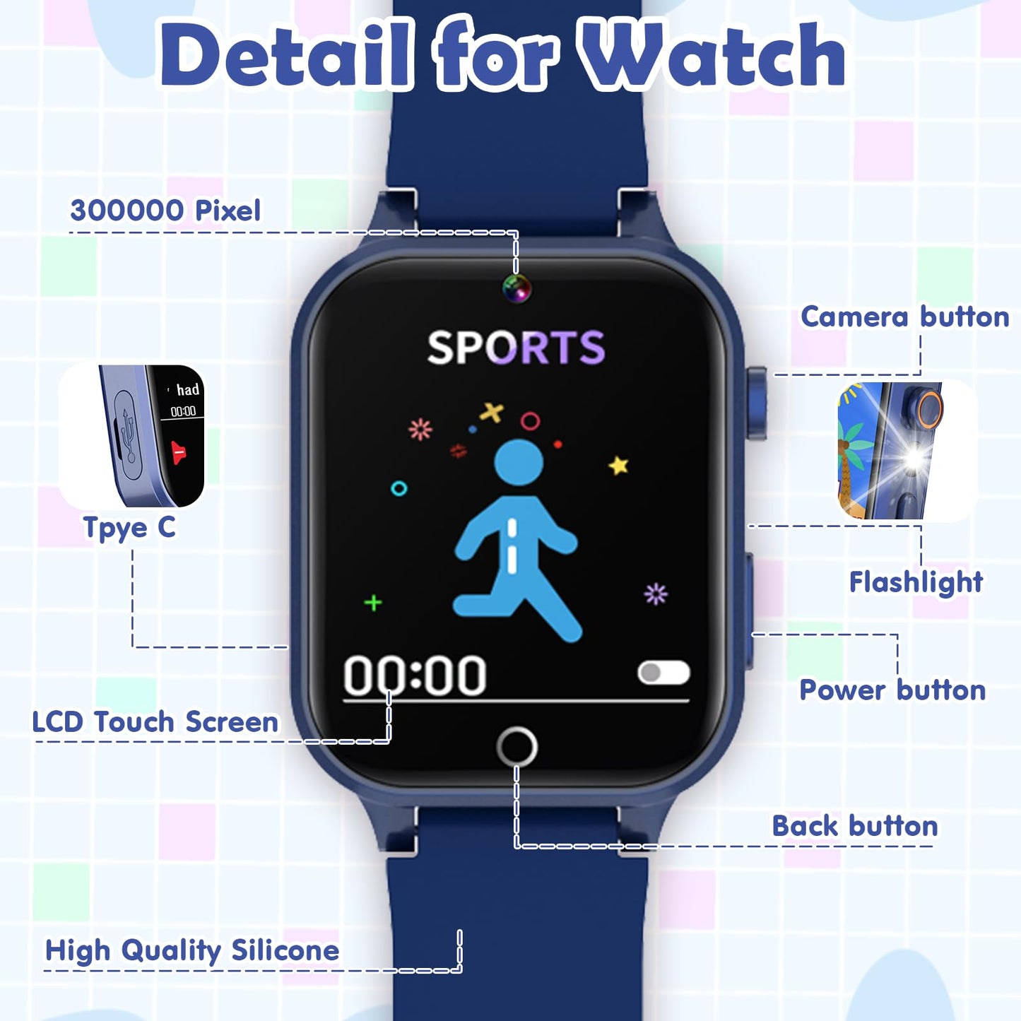 Luyiilo Kids Smart Watch with 26 Puzzle Games, HD Camera & Long Battery – Blue