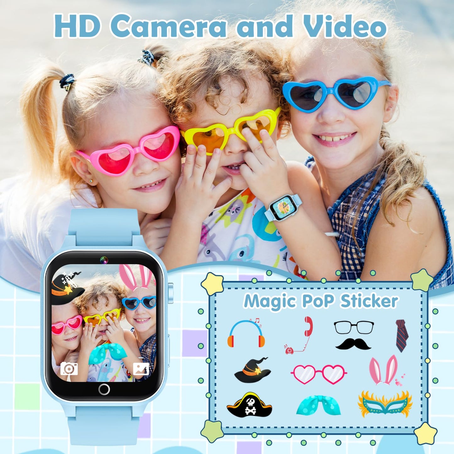 Luyiilo Kids Smart Watch – 26 Games, HD Camera, Touch Screen, 7–14 Day Battery, Soft Blue