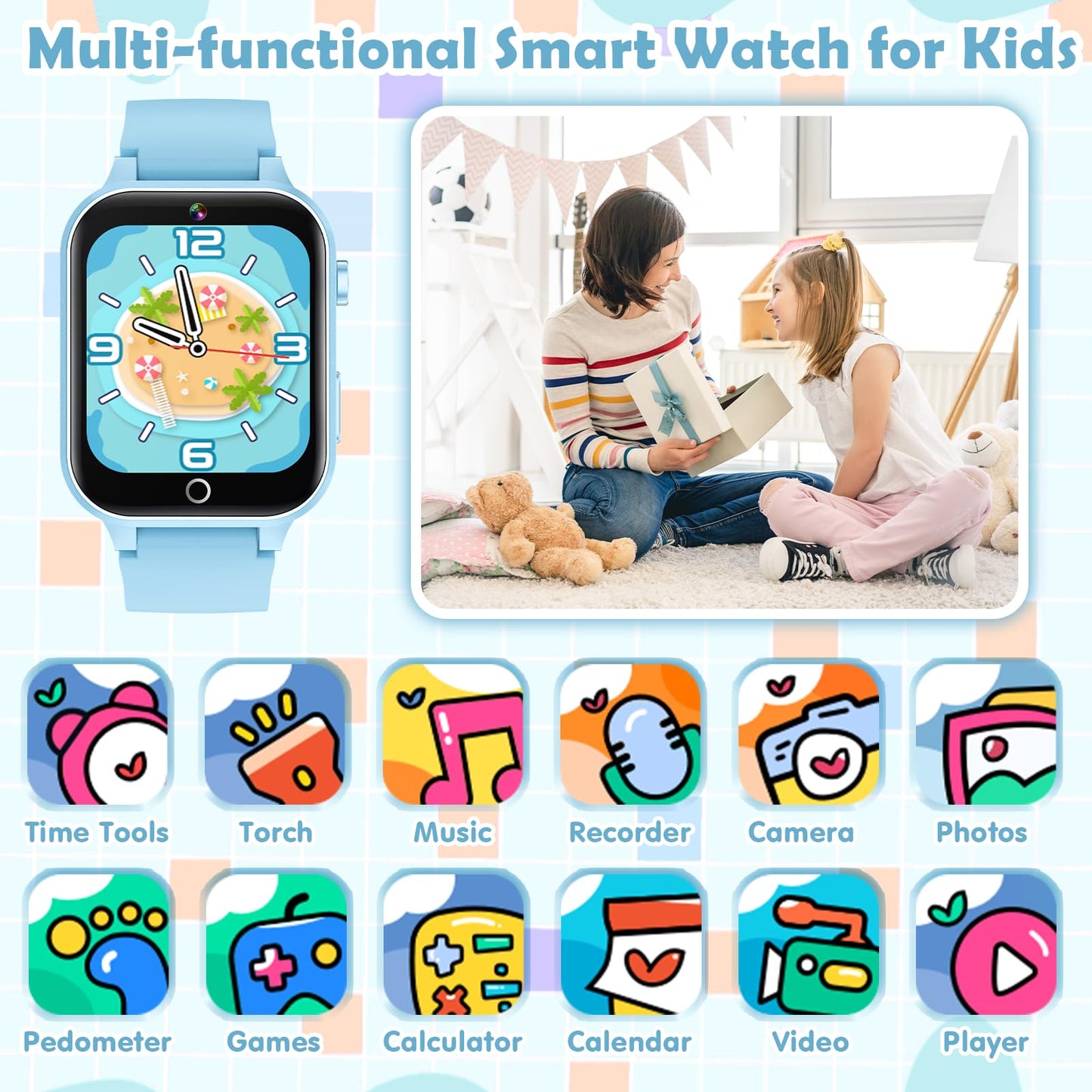 Luyiilo Kids Smart Watch – 26 Games, HD Camera, Touch Screen, 7–14 Day Battery, Soft Blue