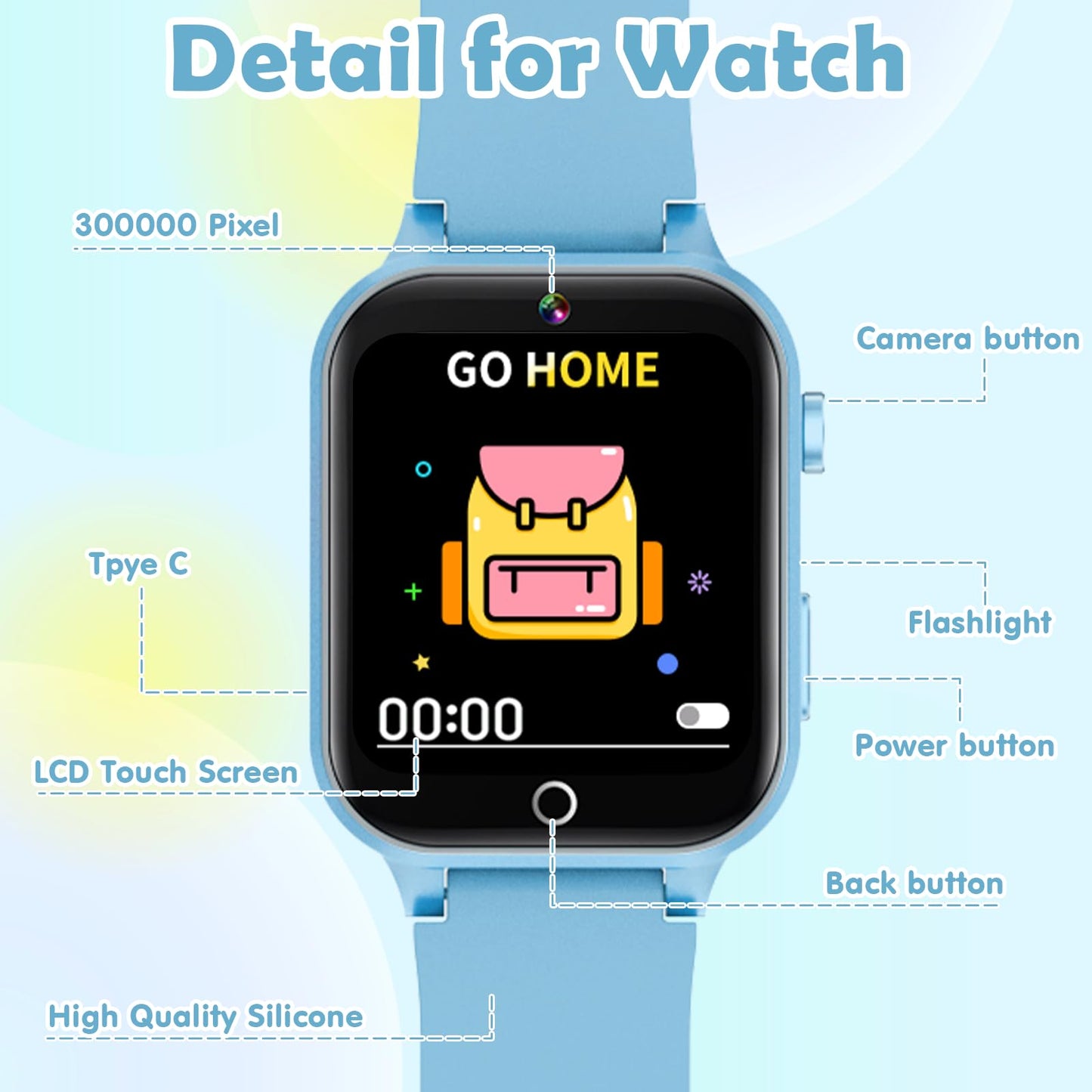 Luyiilo Kids Smart Watch – 26 Games, HD Camera, Touch Screen, 7–14 Day Battery, Soft Blue