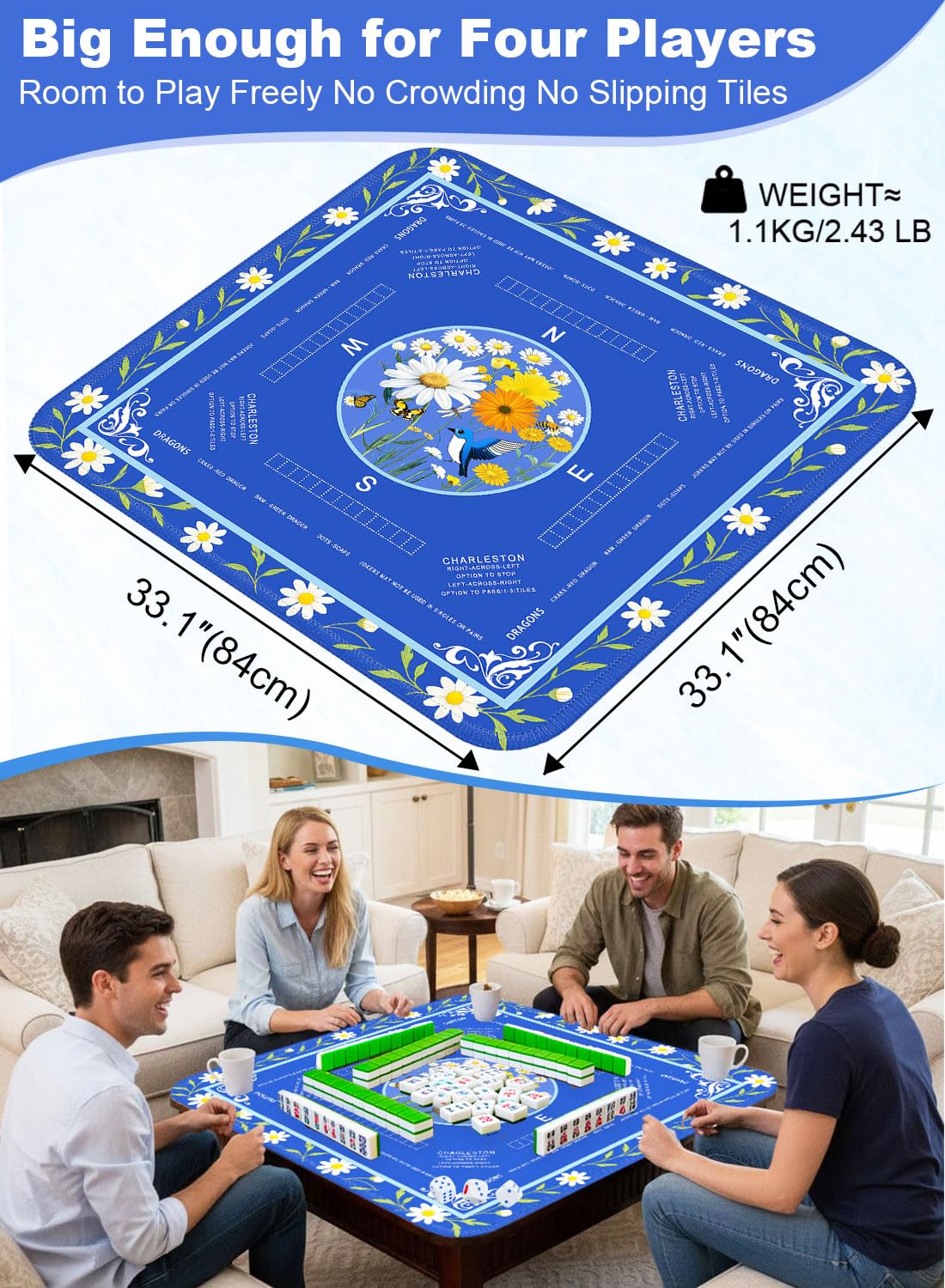 LUYULAKI Large Mahjong Mat 33.1"×33.1" – Quiet, Non-Slip American Mah Jongg Table Mat with Rules (Floral Blue)