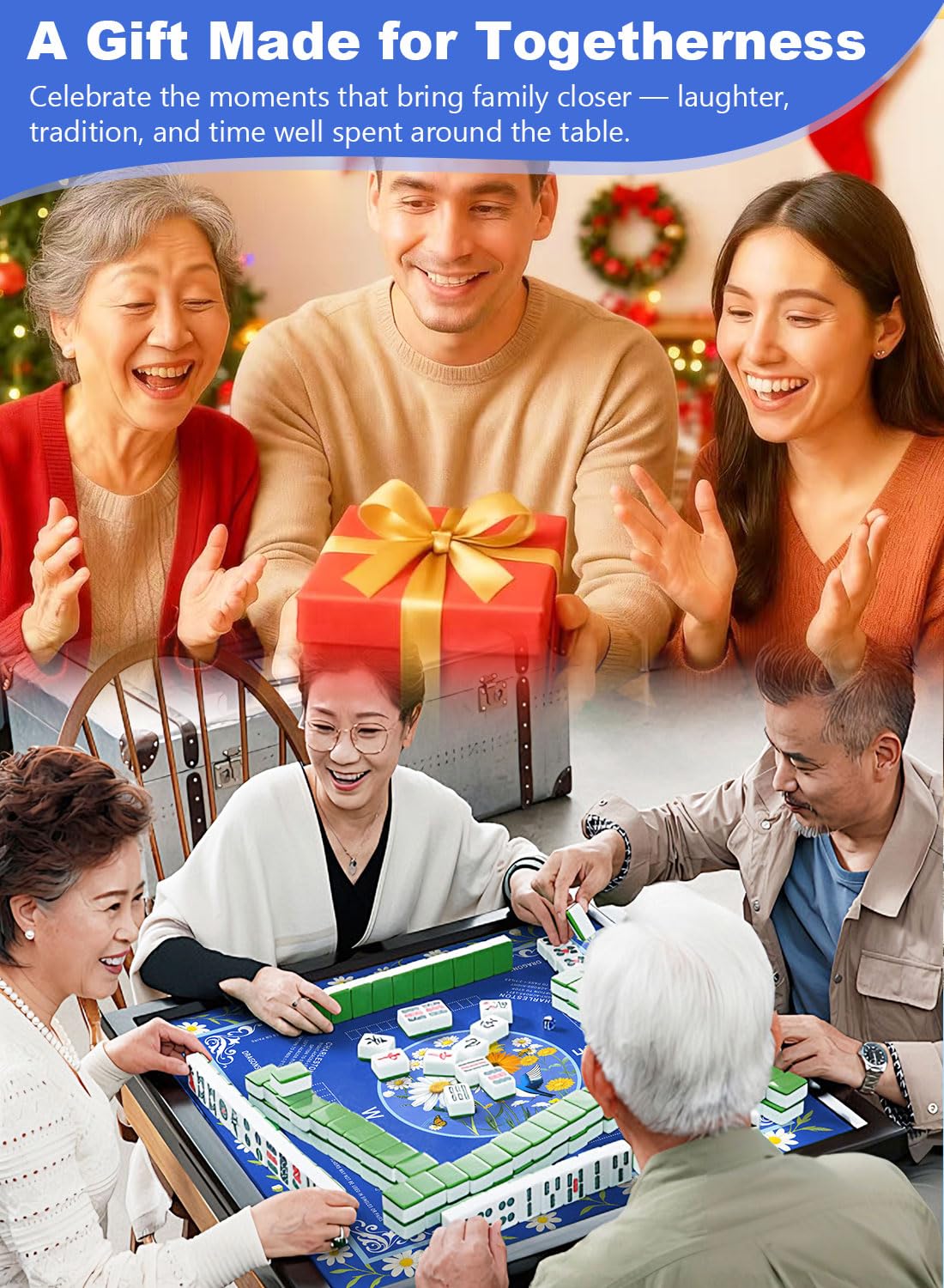 LUYULAKI Large Mahjong Mat 33.1"×33.1" – Quiet, Non-Slip American Mah Jongg Table Mat with Rules (Floral Blue)