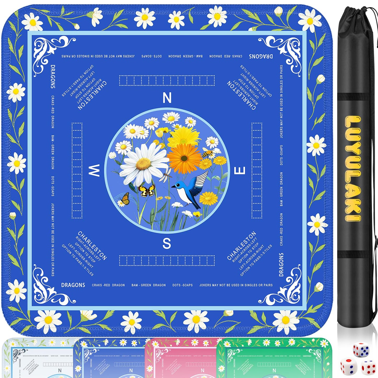 LUYULAKI Large Mahjong Mat 33.1"×33.1" – Quiet, Non-Slip American Mah Jongg Table Mat with Rules (Floral Blue)