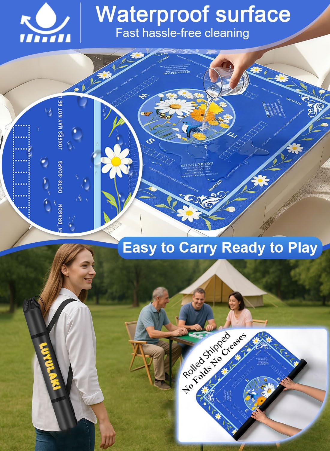 LUYULAKI Large Mahjong Mat 33.1"×33.1" – Quiet, Non-Slip American Mah Jongg Table Mat with Rules (Floral Blue)