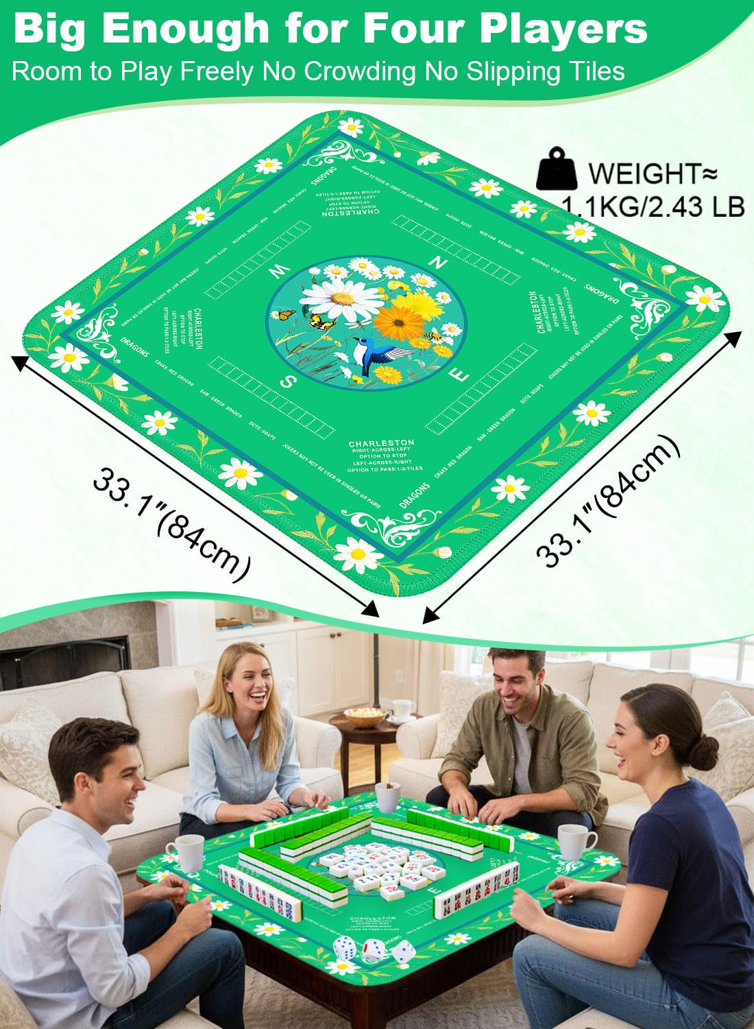 LUYULAKI Large Mahjong Mat 33.1x33.1 Inch – Quiet, Non-Slip Floral Table Cover