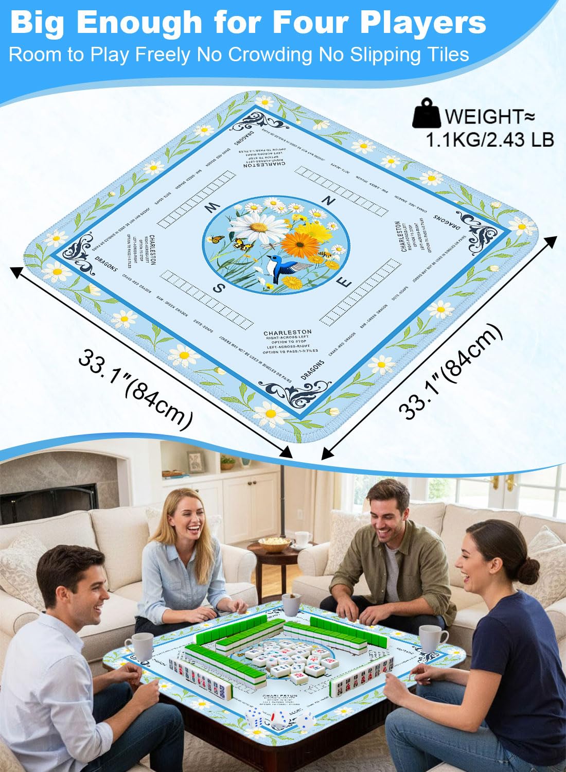LUYULAKI Large Mahjong Mat 33.1in x 33.1in | Quiet Non-Slip Table Cover for American Mah Jongg