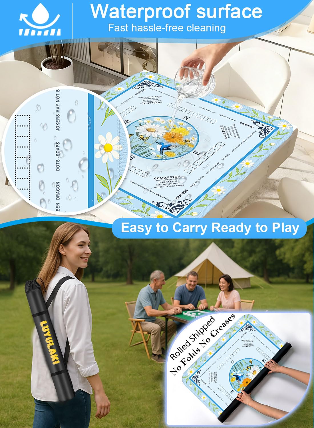 LUYULAKI Large Mahjong Mat 33.1in x 33.1in | Quiet Non-Slip Table Cover for American Mah Jongg