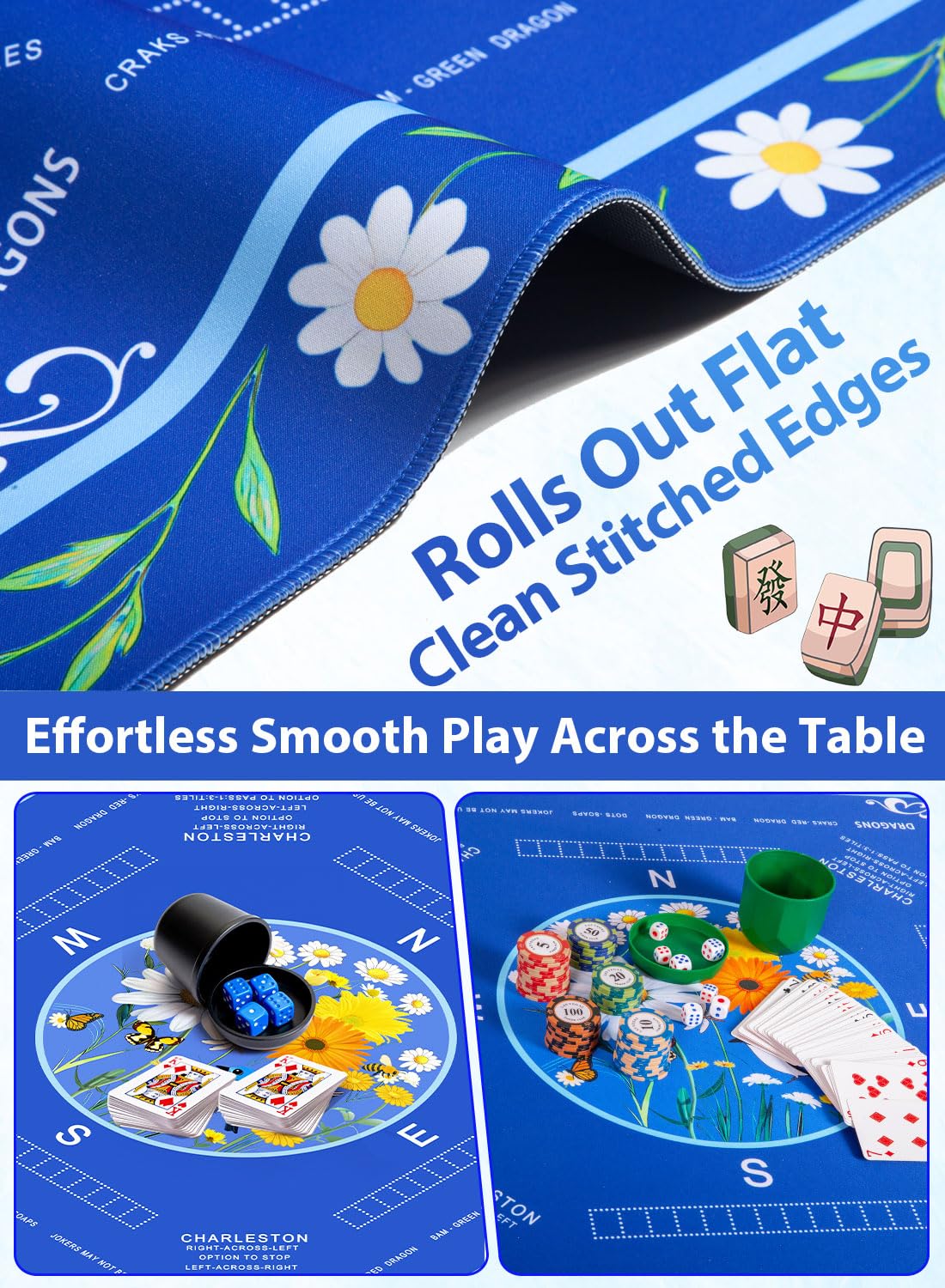 LUYULAKI Large Mahjong Mat 33.1"×33.1" – Quiet, Non-Slip American Mah Jongg Table Mat with Rules (Floral Blue)