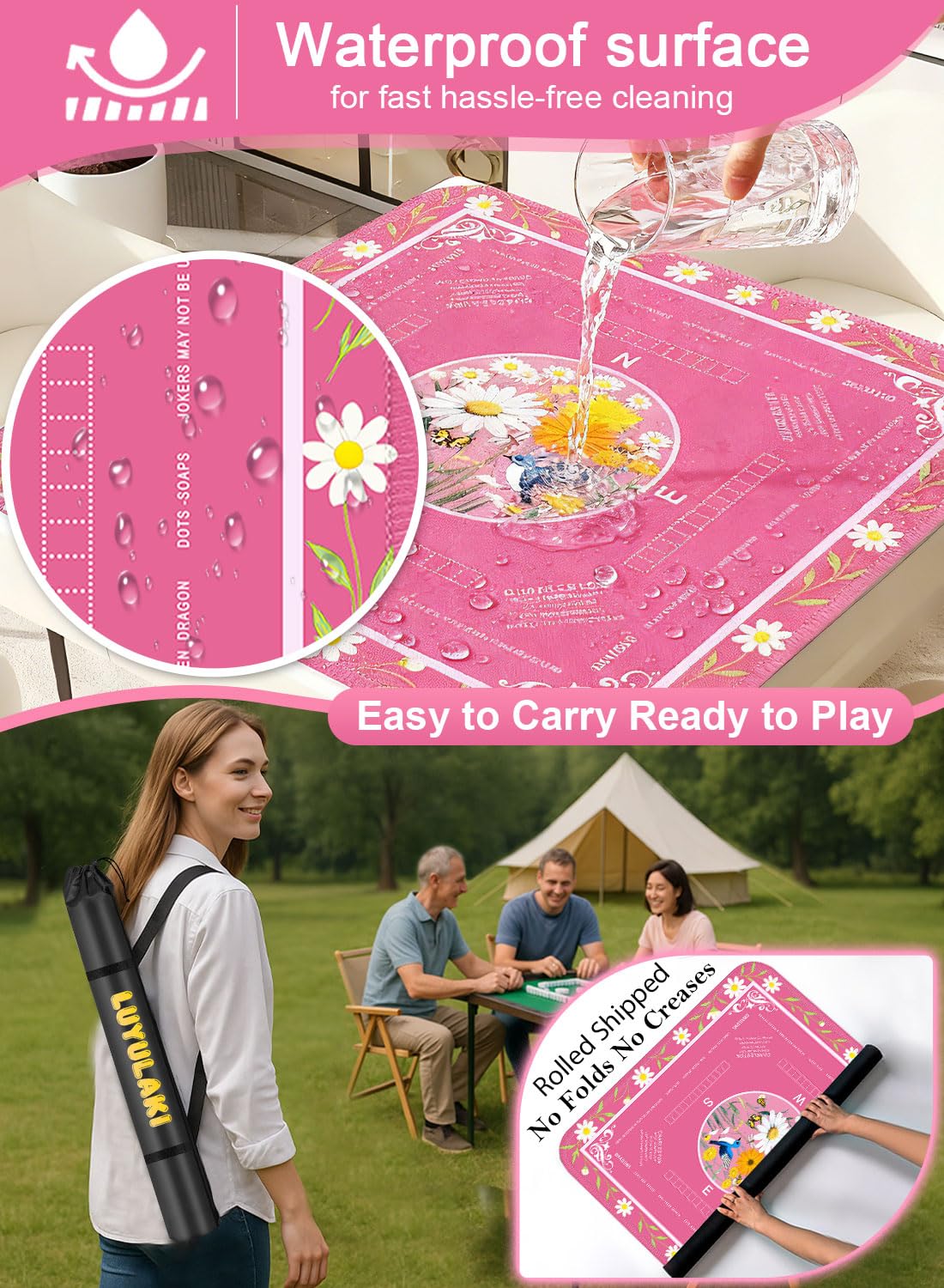 LUYULAKI Large Mahjong Mat 33.1x33.1 inches – Quiet 3mm Cushioned, Non-Slip Floral Rose Pink with American Mah Jongg Rules