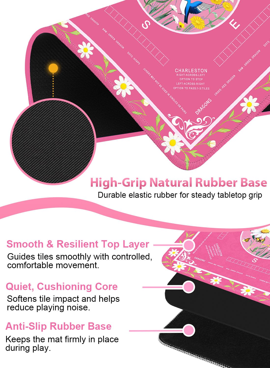 LUYULAKI Large Mahjong Mat 33.1x33.1 inches – Quiet 3mm Cushioned, Non-Slip Floral Rose Pink with American Mah Jongg Rules