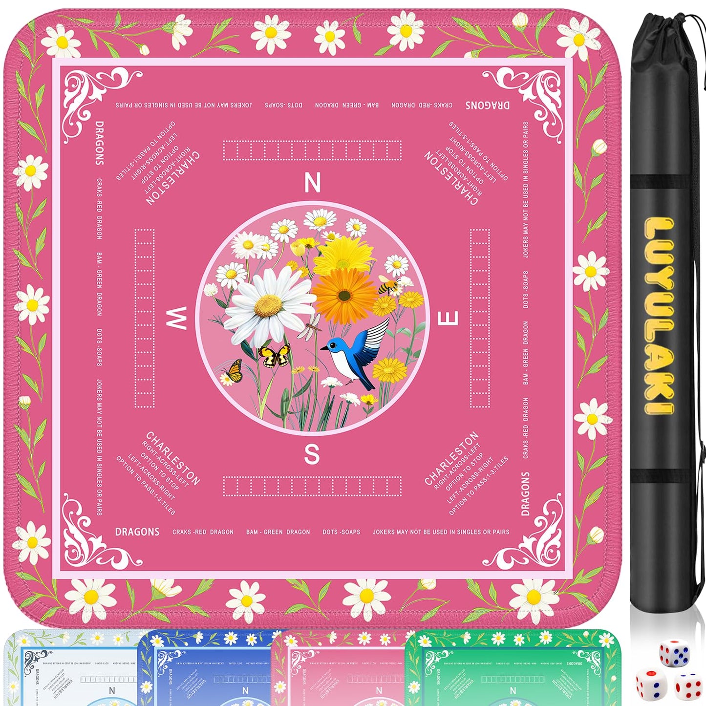 LUYULAKI Large Mahjong Mat 33.1x33.1 inches – Quiet 3mm Cushioned, Non-Slip Floral Rose Pink with American Mah Jongg Rules