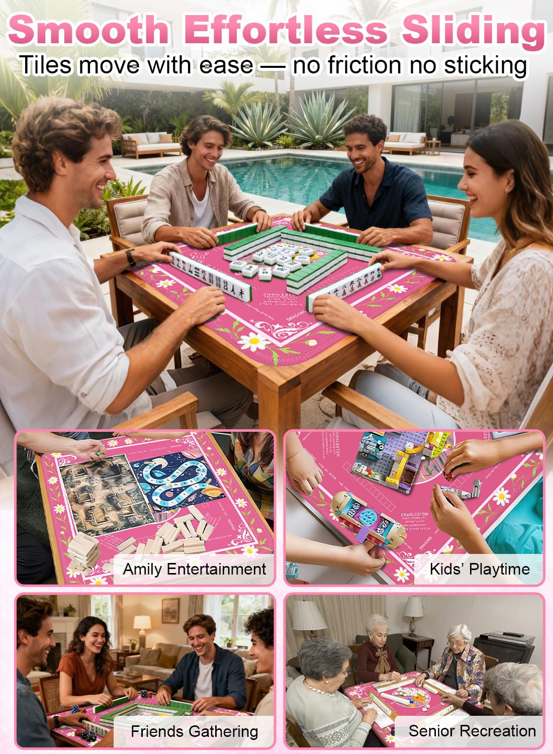 LUYULAKI Large Mahjong Mat 33.1x33.1 inches – Quiet 3mm Cushioned, Non-Slip Floral Rose Pink with American Mah Jongg Rules