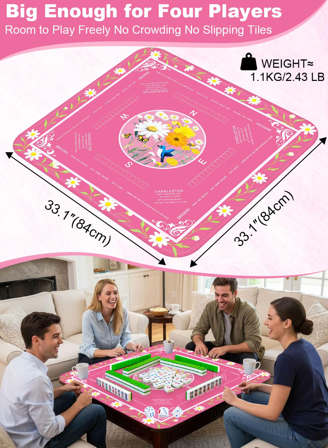 LUYULAKI Large Mahjong Mat 33.1x33.1 inches – Quiet 3mm Cushioned, Non-Slip Floral Rose Pink with American Mah Jongg Rules